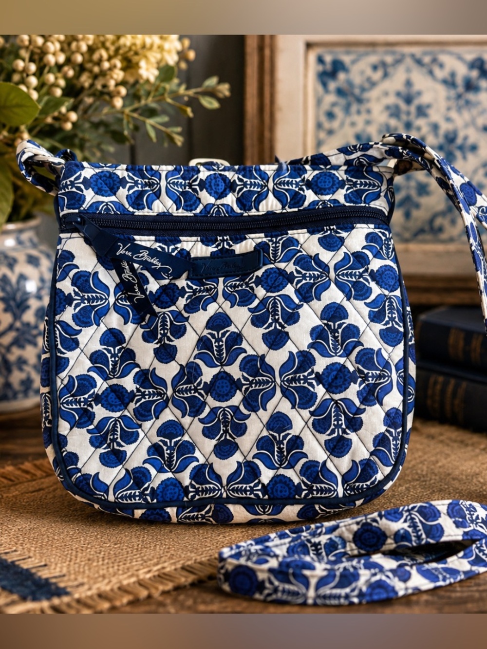 Vera Bradley Cobalt Tile Crossbody Bag Blue White Quilted Retired 2016